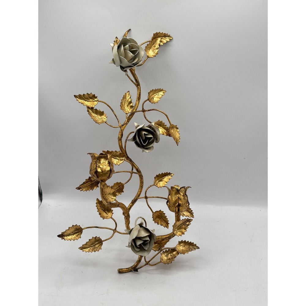 Vtg Italian MCM Gold Leaf Metal White Rose Candle Holder Vine Hollywood Regency